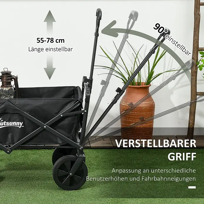 Outsunny Bollerwagen -  - Schwarzer Faltwagen mit verstellbarem Griff (55-78 cm Länge, 90° Winkel), anpassbar an Benutzerhöhe und Gelände.
