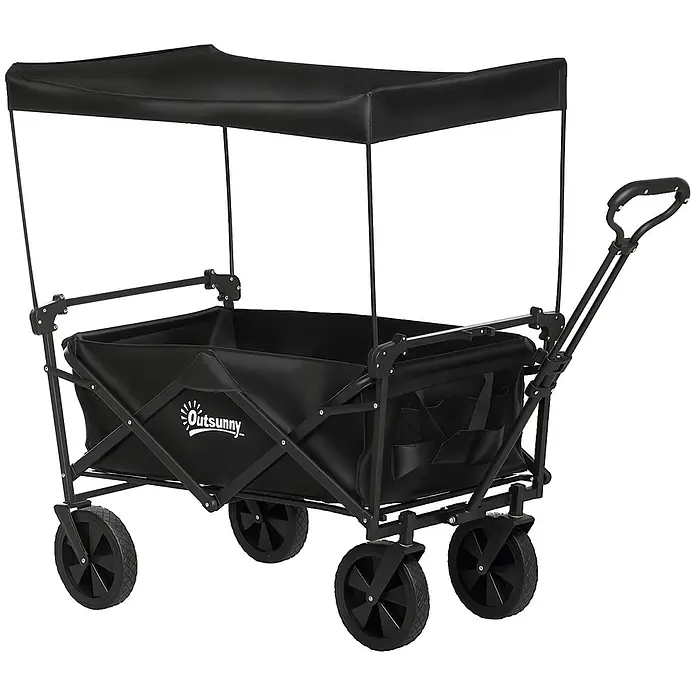 Outsunny Bollerwagen -  - Schwarzer Faltbollerwagen mit Verdeck, stabilem Metallrahmen und Stoffkörper, zum Transport von Gegenständen.
