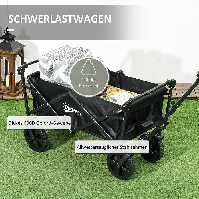 Outsunny Bollerwagen -  - Robuster, schwarzer Faltwagen mit 100 kg Tragkraft, aus dickem 600D Oxford-Gewebe und allwettertauglichem Stahlrahmen.