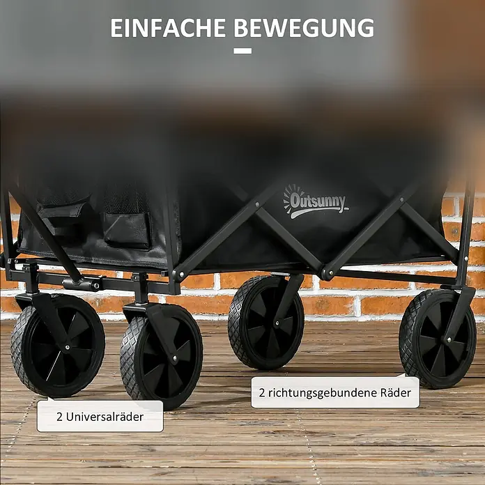 Outsunny Bollerwagen -  - Schwarzer Faltwagen mit Metallrahmen und schwarzen Rädern, davon zwei Universal- und zwei Richtungsräder für einfache Bewegung.
