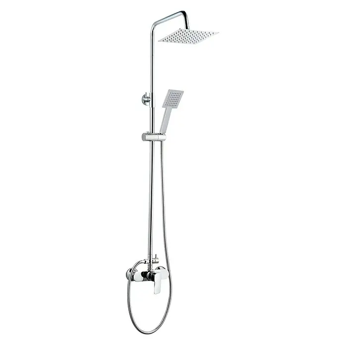 Sistema de ducha Grey - Con grifo monomando, Distancia entre orificios: 15 cm, Número de tipos de chorro: 1 ud., Cromo - Imagen de un conjunto de ducha cromado con rociador y teleducha para un diseño de baño moderno.