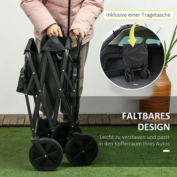 Outsunny Bollerwagen -  - Eine Person hält einen zusammengeklappten schwarzen Bollerwagen, dessen kompaktes Design im Kofferraum eines Autos gezeigt wird.