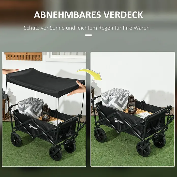 Outsunny Bollerwagen -  - Schwarzer klappbarer Bollerwagen mit abnehmbarem Verdeck, das Schutz vor Sonne und leichtem Regen für Waren bietet.