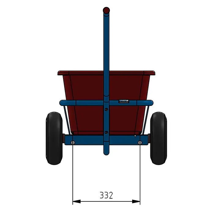 Fetra Bollerwagen Handwagen mit roter Kunststoffmulde und Polyurethanbereifung 632x332mm - L x B x H: 140,1 cm x 59,6 cm x 0,01 m - Rote Behälter-Sämaschine mit blauem Rahmen und schwarzen Rädern, Rückansicht zeigt 332 Breite.