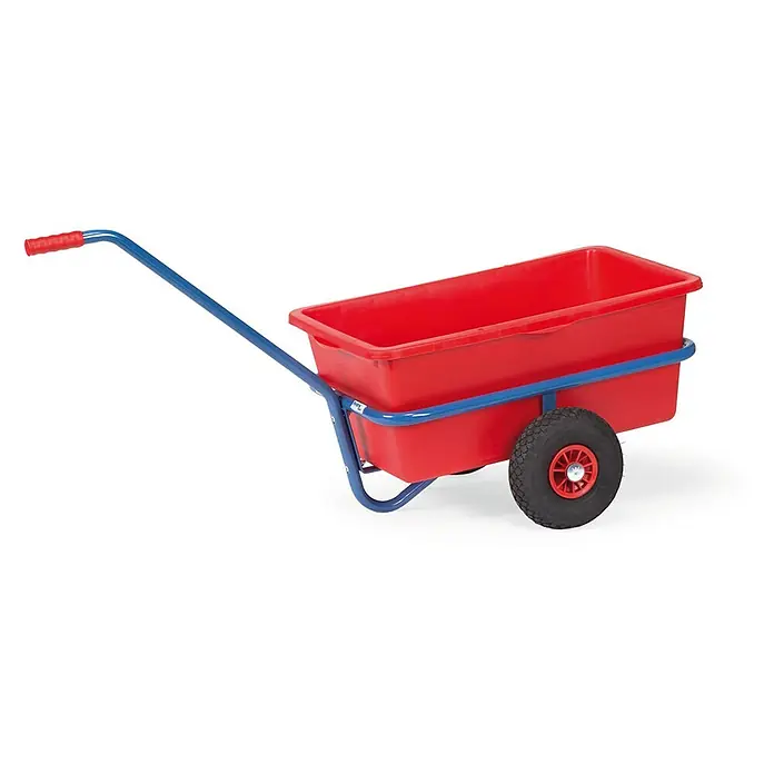 Fetra Bollerwagen Handwagen mit roter Kunststoffmulde und Polyurethanbereifung 632x332mm - L x B x H: 140,1 cm x 59,6 cm x 0,01 m - Rote Kunststoff-Gartenkarre mit blauem Metallrahmen, Griff und schwarzen Rädern mit roten Naben.