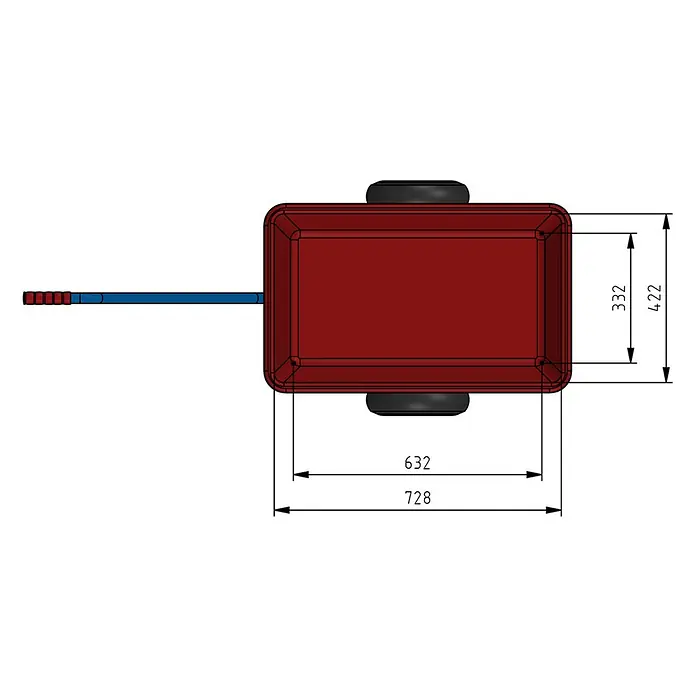 Fetra Bollerwagen Handwagen mit roter Kunststoffmulde und Polyurethanbereifung 632x332mm - L x B x H: 140,1 cm x 59,6 cm x 0,01 m - Roter Bollerwagen mit blauem Griff und schwarzen Rädern, Draufsicht mit Maßen.