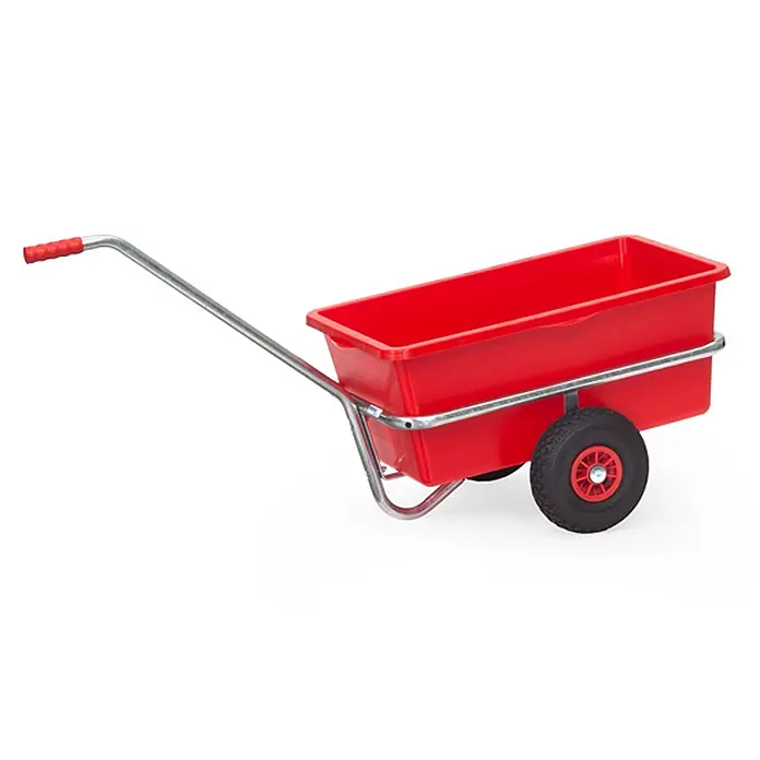 Fetra Bollerwagen Handwagen mit Kasten 700x400mm für Aussenbereich Luftbereifung -  - Rote Gartenkarre mit langem silbernem Griff und schwarzen Rädern.