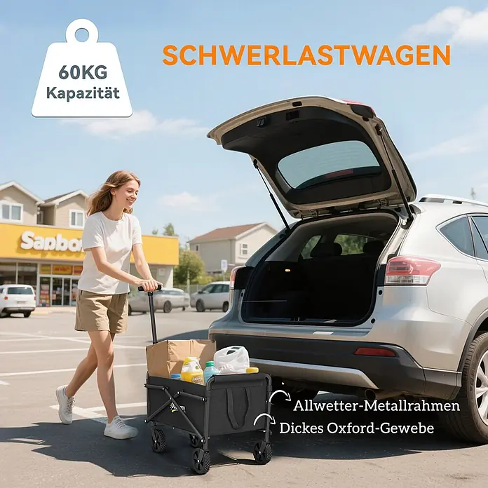 Outsunny Bollerwagen - L x B x H: 64 x 40 x 84 cm - Schwarzer faltbarer Bollerwagen mit Oxford-Gewebe und Metallrahmen, 60kg Traglast, mit Einkäufen zum Kofferraum gezogen.