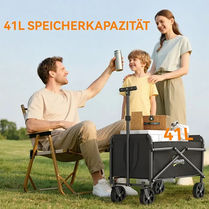 Outsunny Bollerwagen - L x B x H: 64 x 40 x 84 cm - Schwarzer Faltwagen mit 41L Fassungsvermögen, beladen mit Picknickartikeln, von einer Familie im Freien genutzt.
