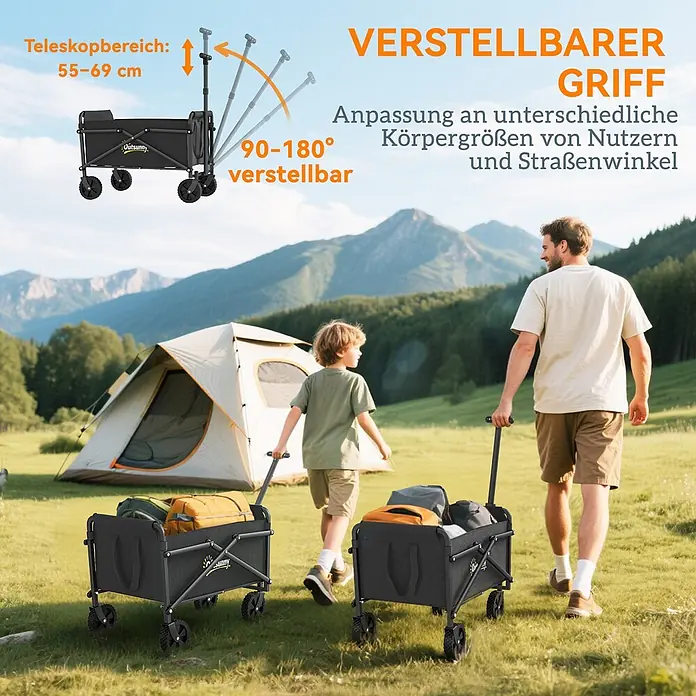 Outsunny Bollerwagen - L x B x H: 64 x 40 x 84 cm - Schwarzer Faltwagen mit verstellbarem Teleskopgriff (55-69cm, 90-180°), von Mann und Kind beim Camping genutzt.