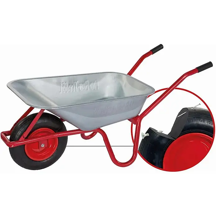 Pro-Bau-Tec Bollerwagen PU Garten- und schubkarre 100L Tragkraft 160kg -  - Silberne Schubkarre mit rotem Gestell und schwarzen Griffen, ausgestattet mit pannensicherem Reifen.