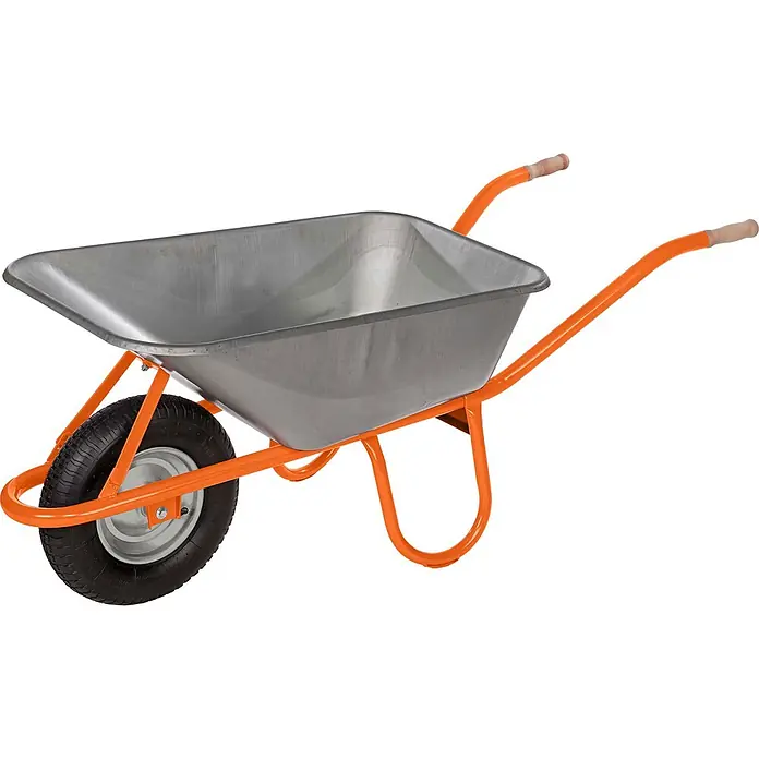 Pro-Bau-Tec Bollerwagen schubkarre fi Holzgriffe 120L Tragkraft 200kg - L x B x H: 1,53 cm x 0,58 cm x 0,57 m - Metallschubkarre mit orangefarbenem Rahmen, schwarzem Reifen und Holzgriffen für Transport und Gartenarbeit.