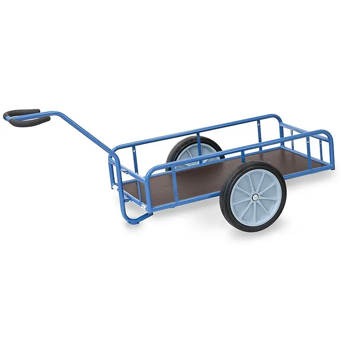 Fetra Bollerwagen Handwagen mit Geländer 250mm hoch 1145x545mm Ladefläche Vollgummibereifung - L x B x H: 152,6 cm x 83,2 cm x 0,01 m - Blauer Stahl-Transportwagen mit Holzplatte, Gummirädern und gepolstertem Griff.