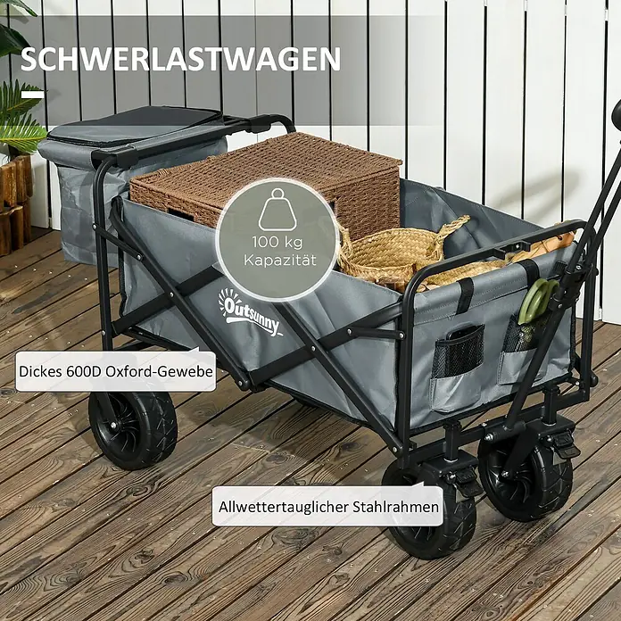 Outsunny Bollerwagen -  - Grauer Schwerlast-Faltwagen aus 600D Oxford-Gewebe und Stahlrahmen, 100 kg Kapazität.