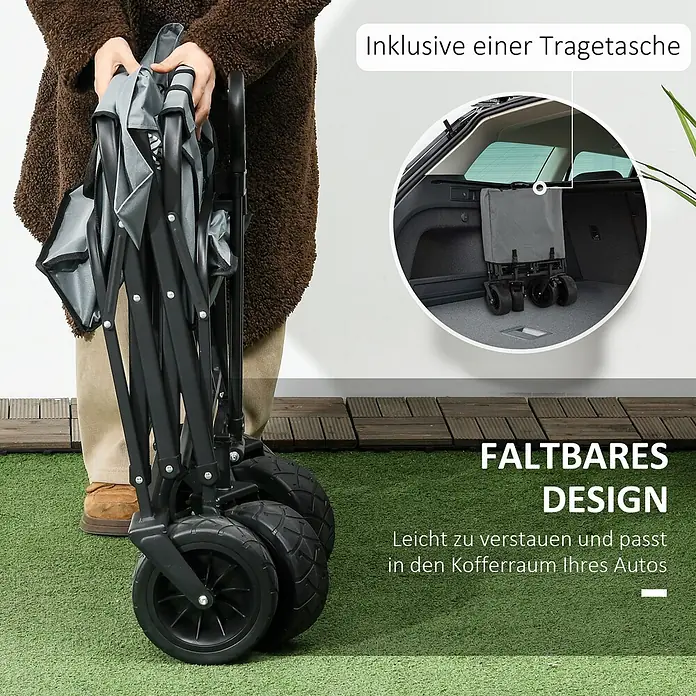 Outsunny Bollerwagen -  - Eine Person faltet einen grau-schwarzen Bollerwagen. Ein Einsatz zeigt den kompakten Wagen im Kofferraum eines Autos, was sein faltbares Design hervorhebt.