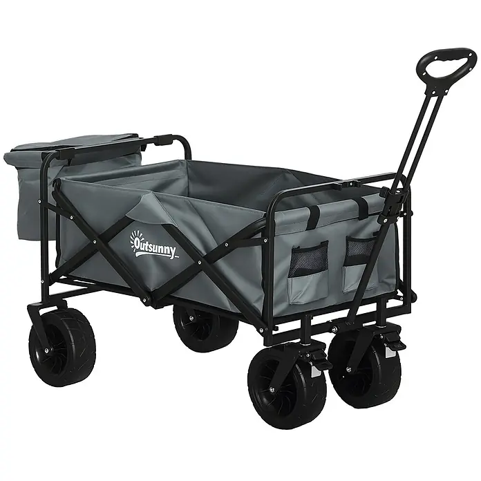 Outsunny Bollerwagen -  - Grauer faltbarer Bollerwagen mit schwarzem Gestell, Rädern, ausziehbarem Griff und Seitentaschen.