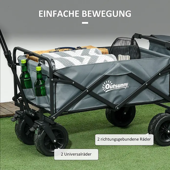 Outsunny Bollerwagen -  - Grauer Faltbollerwagen mit schwarzem Rahmen, beladen mit Flaschen und Decke, mit 2 Universal- und 2 Richtungsrädern.