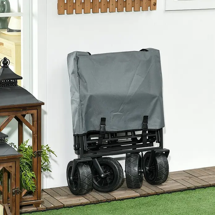 Outsunny Bollerwagen -  - Grauer Faltbollerwagen aus Stoff mit schwarzem Rahmen und Rädern, aufrecht verstaut.