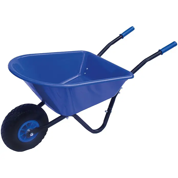 Pro-Bau-Tec Bollerwagen Kinderschubkarre Blau mit PP-Mulde 20L mit PU-Rad - L x B x H: 1,05 cm x 0,34 cm x 0,39 m - Blaue Kunststoff-Schubkarre mit schwarzem Rahmen und Luftrad.