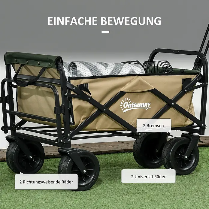 Outsunny Bollerwagen -  - Khakifarbener und olivgrüner Faltwagen mit schwarzem Rahmen, Richtungs- und Universalrädern sowie zwei Bremsen, beladen mit Gegenständen.