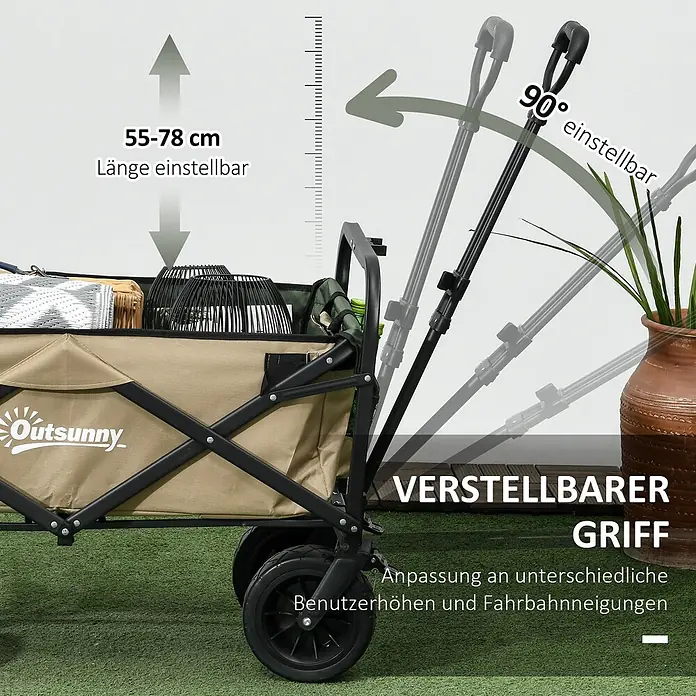 Outsunny Bollerwagen -  - Faltbarer Bollerwagen in Beige mit schwarzem Gestell, der höhen- (55-78 cm) und winkelverstellbaren (90°) Griff für diverse Benutzerhöhen und Neigungen hat.