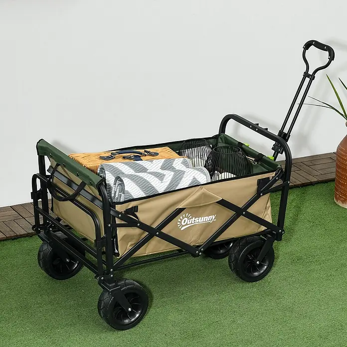 Outsunny Bollerwagen -  - Khaki-olivgrüner faltbarer Campingwagen mit schwarzem Rahmen und Rädern, gefüllt mit Picknickkorb, Rollmatte und Laternen.
