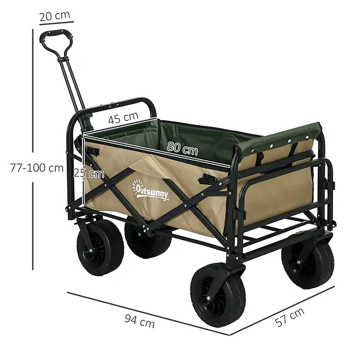Outsunny Bollerwagen -  - Faltbarer Gartenwagen mit schwarzem Gestell, beigefarbenem/grünem Stoff und verstellbarem Griff. Maße sind angegeben.