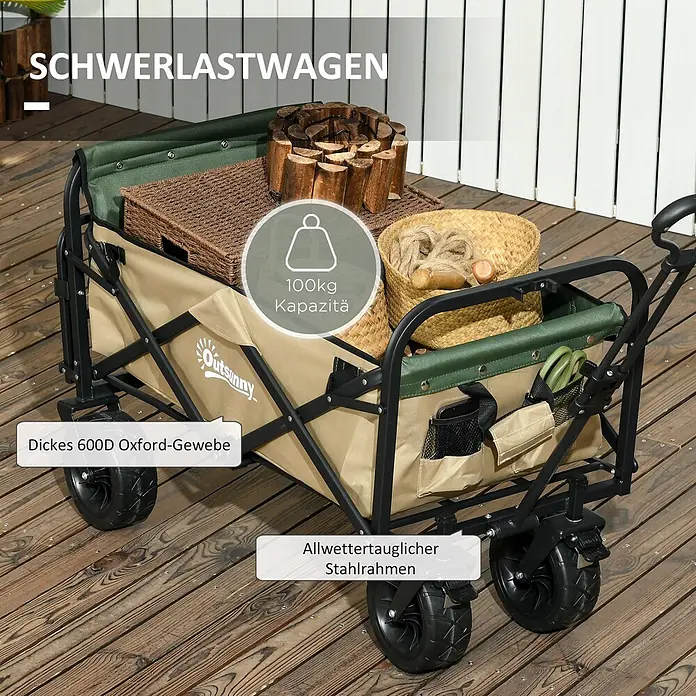 Outsunny Bollerwagen -  - Beiger und grüner Schwerlast-Faltwagen mit schwarzem Stahlrahmen, beladen auf einer Holzterrasse. Bietet 100kg Kapazität und 600D Oxford-Gewebe.
