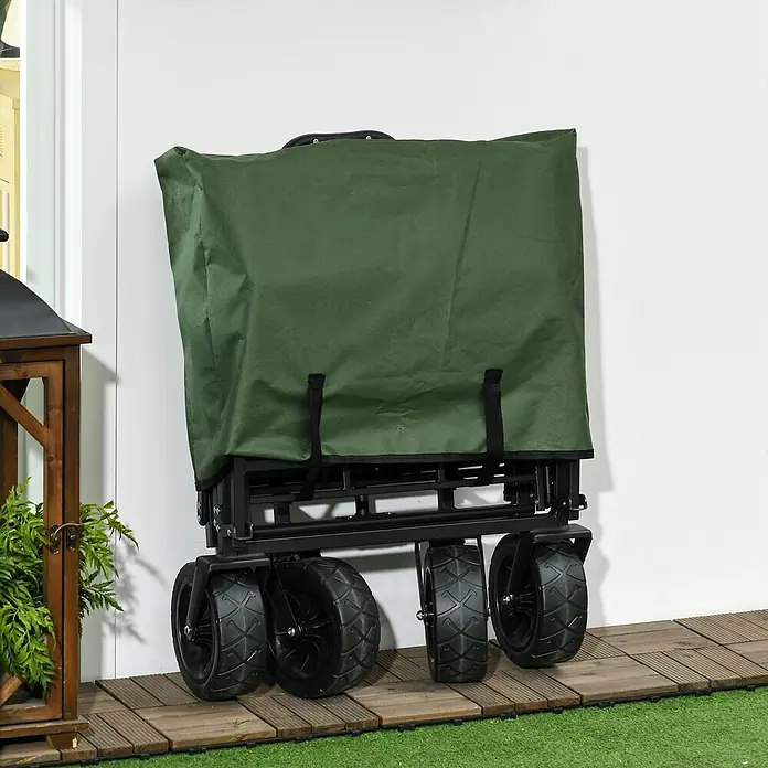 Outsunny Bollerwagen -  - Zusammengeklappter dunkelgrüner Bollerwagen mit schwarzen Rädern, aufrecht stehend zur kompakten Lagerung.