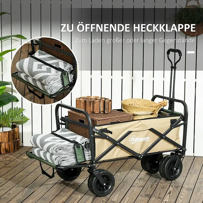 Outsunny Bollerwagen -  - Faltbarer Bollerwagen in Beige und Schwarz mit offener Heckklappe zum Laden.