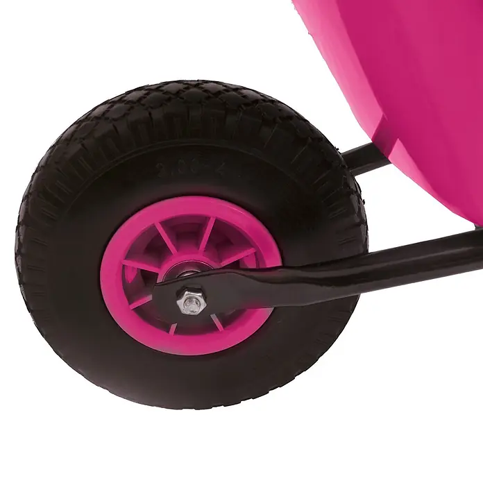 Pro-Bau-Tec Bollerwagen Kinderschubkarre Pink mit PP-Mulde 20L mit PU-Rad - L x B x H: 1,05 cm x 0,34 cm x 0,39 m - Schwarzes Schubkarrenrad mit pinker Nabe und Speichen an einem schwarzen Rahmen, teilweise mit pinker Wanne.
