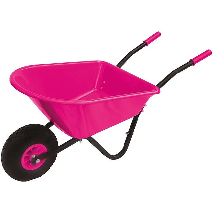 Pro-Bau-Tec Bollerwagen Kinderschubkarre Pink mit PP-Mulde 20L mit PU-Rad - L x B x H: 1,05 cm x 0,34 cm x 0,39 m - Rosa Schubkarre mit schwarzem Gestell und Reifen, mit pinken Griffen.