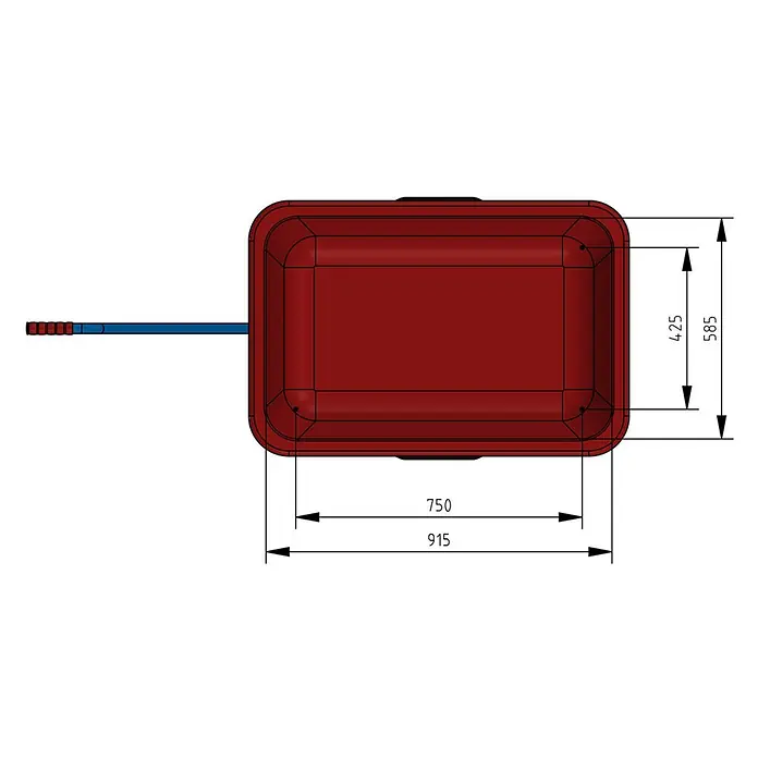 Fetra Bollerwagen Handwagen mit roter Kunststoffmulde und Polyurethanbereifung 750x425mm -  - Roter Kunststoff-Gartenwagen mit blauem Griff, Draufsicht mit Maßen.