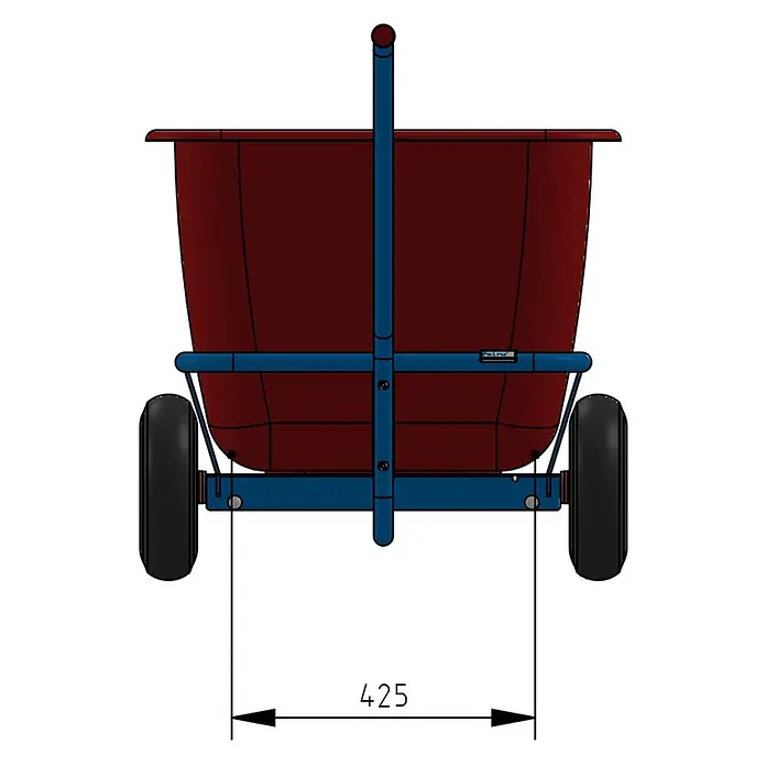 Fetra Bollerwagen Handwagen mit roter Kunststoffmulde und Polyurethanbereifung 750x425mm -  - Vorderansicht eines roten Gartenwagens mit blauem Gestell und schwarzen Rädern, mit einer Breite von 425 Einheiten.