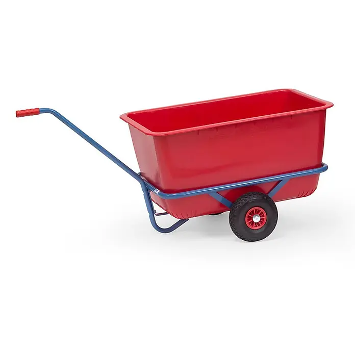Fetra Bollerwagen Handwagen mit roter Kunststoffmulde und Polyurethanbereifung 750x425mm -  - Rote Kunststoff-Schubkarre mit blauem Rahmen und einem Rad.