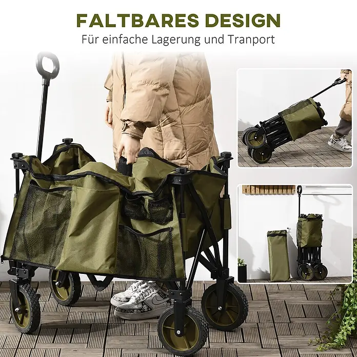 Outsunny Bollerwagen -  - Olivgrüner faltbarer Bollerwagen, erweitert und in zwei zusammengeklappten Zuständen für Lagerung und Transport.