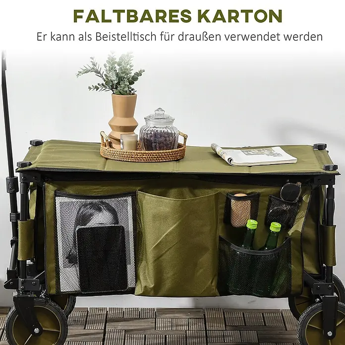 Outsunny Bollerwagen -  - Olivgrüner faltbarer Bollerwagen, dessen flache Oberseite als Beistelltisch dient und mehrere Außentaschen mit Gegenständen aufweist.