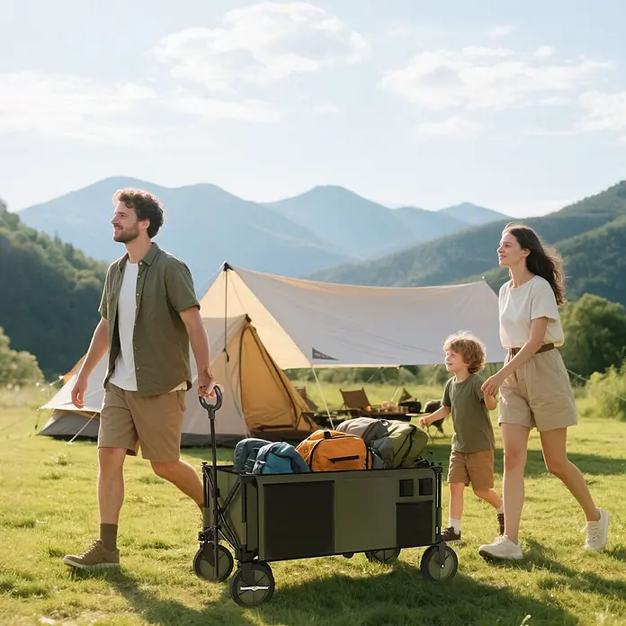 Outsunny Bollerwagen -  - Familie geht mit einem olivgrünen faltbaren Bollerwagen voller Campingausrüstung.