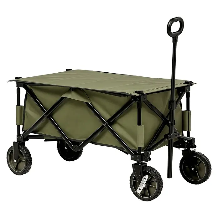 Outsunny Bollerwagen -  - Olivgrüner faltbarer Bollerwagen mit schwarzem Metallrahmen und Rädern, inklusive Zuggriff.