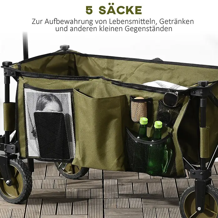 Outsunny Bollerwagen -  - Olivgrüner Bollerwagen mit mehreren Netz- und Stofftaschen, zur Organisation von Flaschen, Sonnenbrillen und Papieren.
