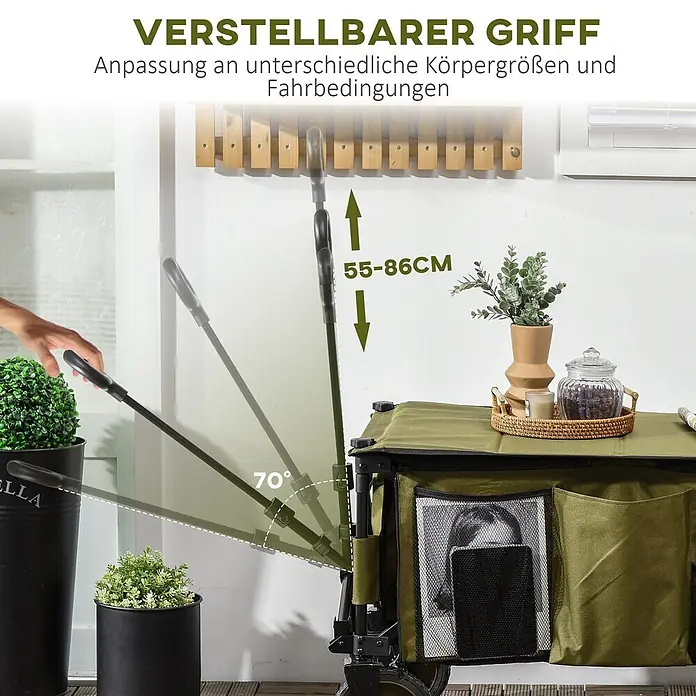 Outsunny Bollerwagen -  - Olivgrüner Outdoor-Bollerwagen mit verstellbarem Griff (55-86cm Höhe, 70° Winkel). Zeigt Anpassungsfähigkeit an Körpergrößen.