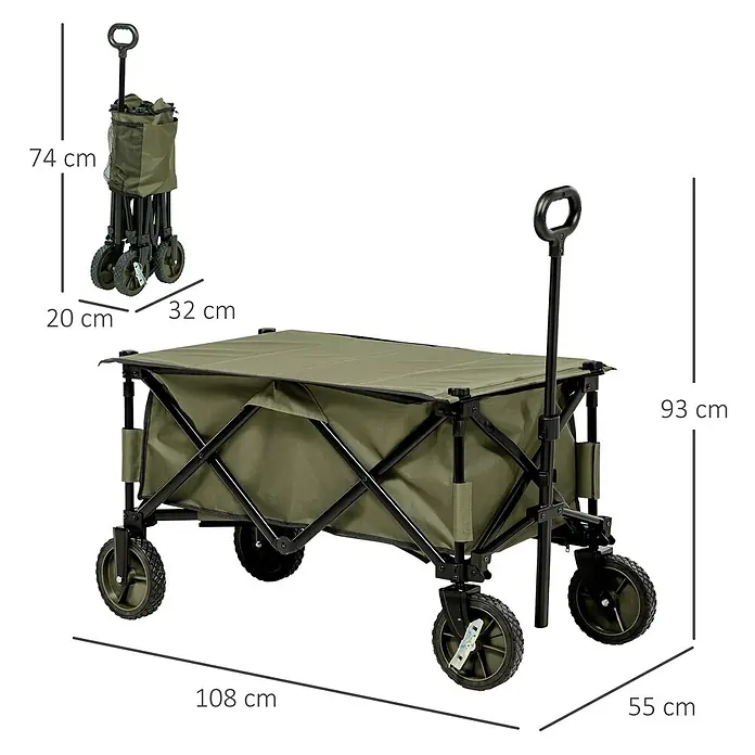 Outsunny Bollerwagen -  - Olivgrüner faltbarer Bollerwagen mit Maßen, entfaltet und zusammengeklappt gezeigt.