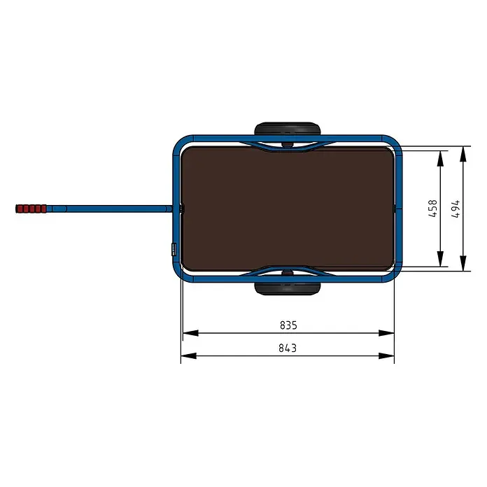 Fetra Bollerwagen Handwagen mit wasserfestem Boden und Polyurethanbereifung 835x458mm - L x B x H: 152,4 cm x 68,2 cm x 0,01 m - Draufsicht auf einen blauen Metall-Transportwagen mit brauner Ladefläche und schwarzen Rädern, mit rotem Griff.