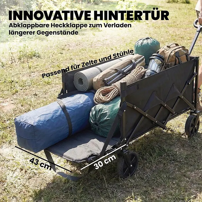 Outsunny Bollerwagen - L x B x H: 71 x 45 x 86 cm - Schwarzer faltbarer Bollerwagen mit heruntergeklappter Heckklappe, verlängert für lange Gegenstände wie Zelt und Stühle, gefüllt mit Campingausrüstung.