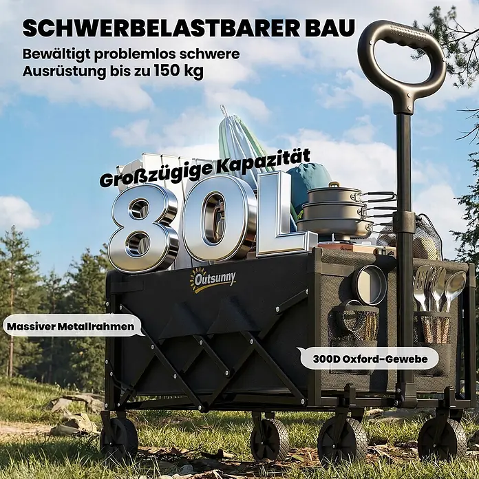 Outsunny Bollerwagen - L x B x H: 71 x 45 x 86 cm - Schwarzer faltbarer Campingwagen mit 80L Fassungsvermögen, 300D Oxford-Gewebe und robustem Metallrahmen, beladen mit Campingausrüstung in der Natur.