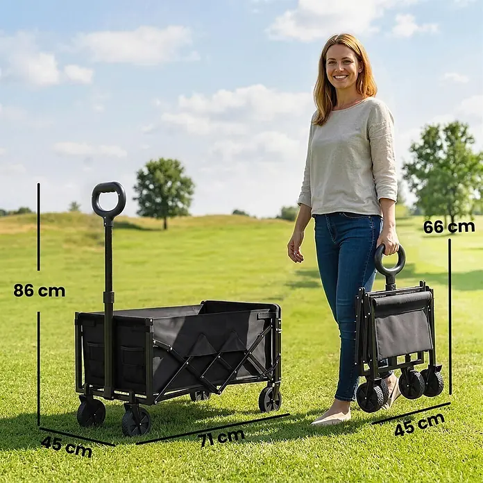Outsunny Bollerwagen - L x B x H: 71 x 45 x 86 cm - Schwarzer Faltbollerwagen, ausgeklappt mit Maßen (86x71x45 cm) und zusammengeklappt (66x45 cm), mit einer Frau zur Größenanzeige.