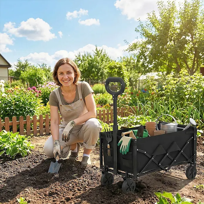 Outsunny Bollerwagen - L x B x H: 71 x 45 x 86 cm - Schwarzer zusammenklappbarer Gartenwagen, gefüllt mit Gartengeräten, von einer Frau im sonnigen Garten genutzt.