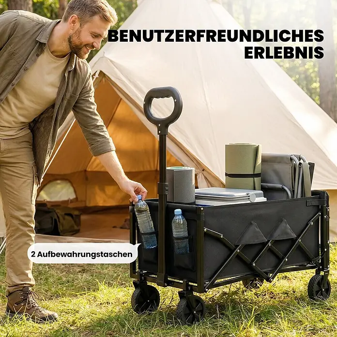 Outsunny Bollerwagen - L x B x H: 71 x 45 x 86 cm - Mann stellt Flasche in schwarzen faltbaren Bollerwagen mit Campingausrüstung, ausgestattet mit 2 Aufbewahrungstaschen.