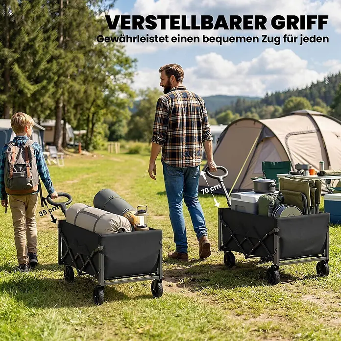 Outsunny Bollerwagen - L x B x H: 71 x 45 x 86 cm - Schwarzer Faltwagen mit verstellbarem Griff (35-70cm) für komfortables Ziehen, von Mann und Kind am Campingplatz genutzt.