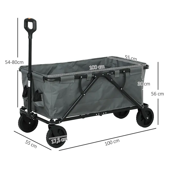 Outsunny Bollerwagen - L x B x H: 100 x 55 x 56 cm - Grauer Bollerwagen mit verstellbarem Griff und großen Rädern, Maße: L100xB55xH56cm, Griff 54-80cm, Rad Ø17,5cm.
